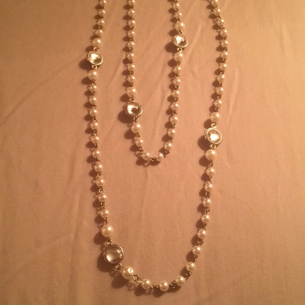 Long Pearl & Acrylic Diamond Necklace